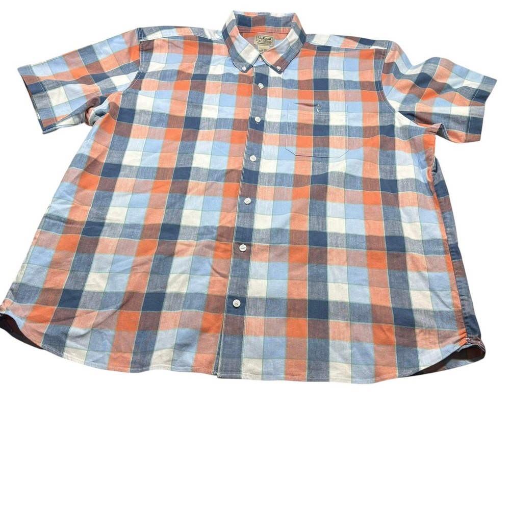 LL Bean Mens XL Traditional Fit Plaid Short Sleeve Button Down Shirt Orange Blue - Picture 2 of 13